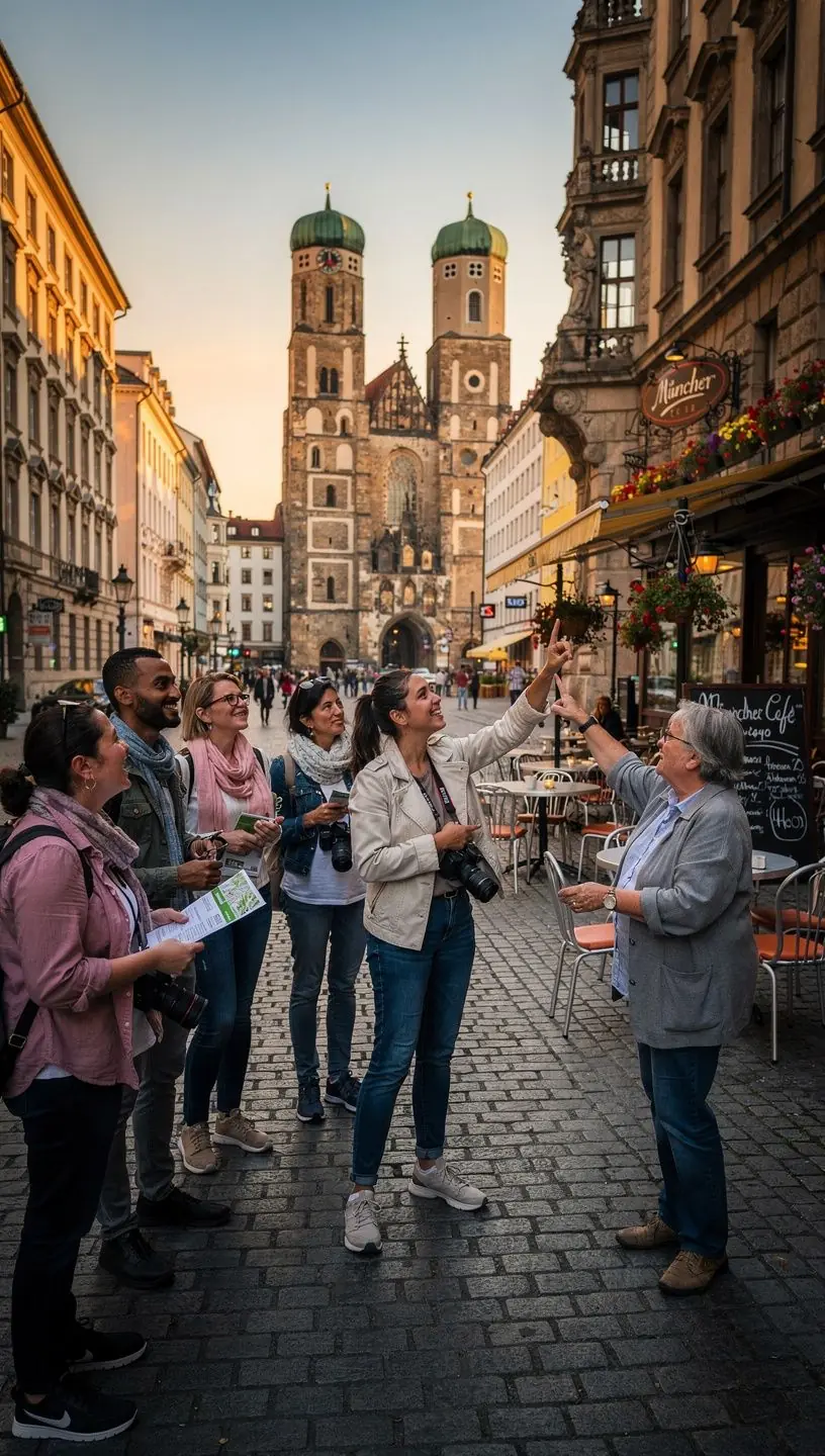 Stadtführer zeigt einer Gruppe von Reisenden ein altes Stadtmodell in Berlin, um die Entwicklung der Stadt zu erklären.