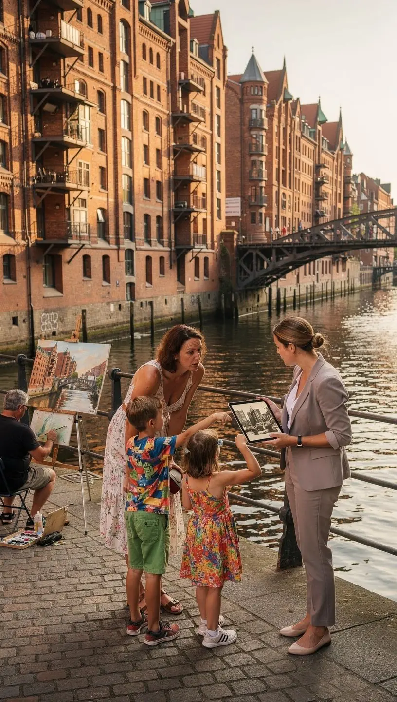 Touristen mit gedruckten Karten und Kopfhörern auf einer geführten Route entlang der Elbphilharmonie in Hamburg.