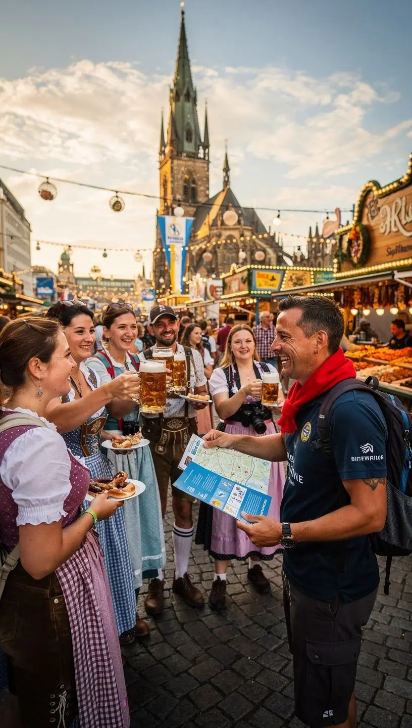 Geführte Tourgruppe vor dem Münchner Marienplatz, aufmerksam dem Stadtführer lauschend, um lokale Geschichte zu entdecken.